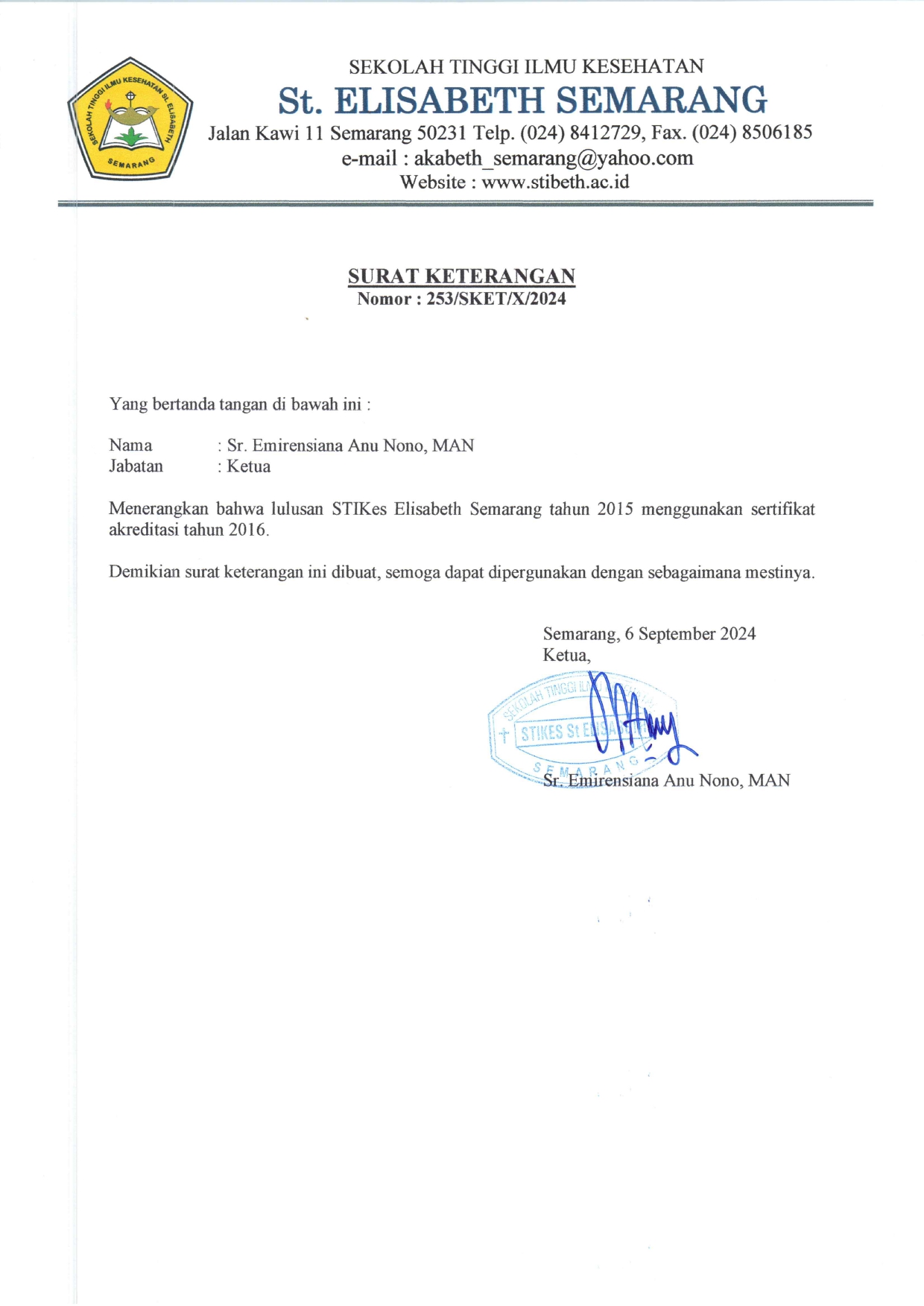 SURAT KETERANGAN AKREDITASI 2015 STIKES ELISABETH SEMARANG